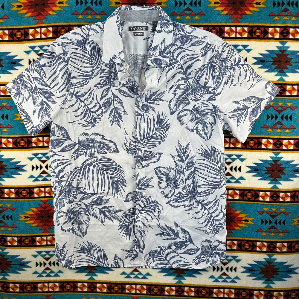 Savane Stretch Button Up Shirt Tropical Print Short‎ Sleeve L